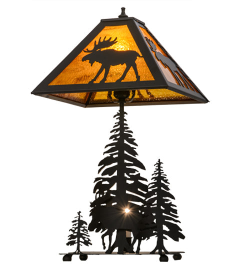 Meyda Lighting Moose Through the Trees 21" 2-Light Oil Rubbed Bronze Table Lamp With Honey Amber Art Shade Glass and Lighted Base