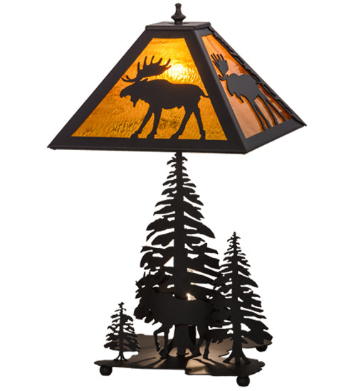 Meyda Lighting Moose Through the Trees 21" 2-Light Oil Rubbed Bronze Table Lamp With Honey Amber Art Shade Glass and Lighted Base