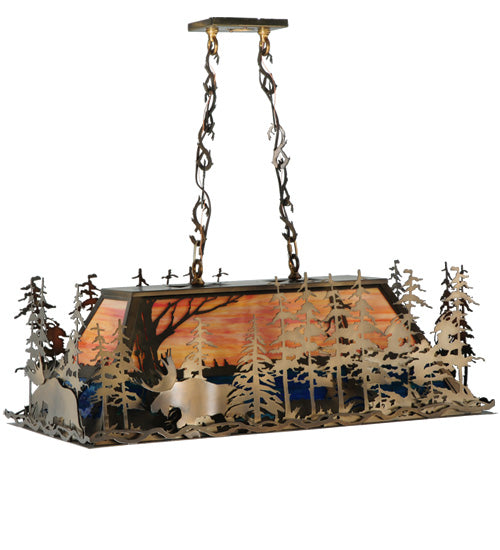 Meyda Lighting Moose Through the Trees 35" 6-Light Antique Copper Island Pendant Light With Amber and Blue Shade Glass