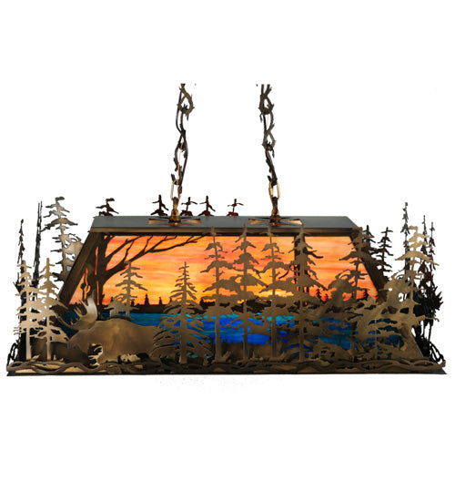 Meyda Lighting Moose Through the Trees 35" 6-Light Antique Copper Island Pendant Light With Amber and Blue Shade Glass