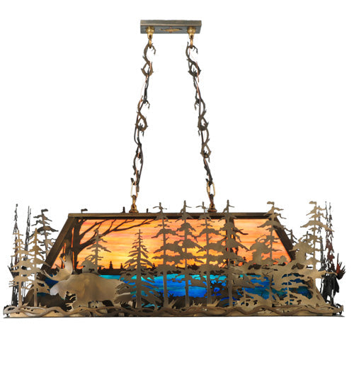 Meyda Lighting Moose Through the Trees 35" 6-Light Antique Copper Island Pendant Light With Amber and Blue Shade Glass