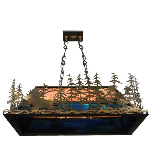 Meyda Lighting Moose Through the Trees 35" 6-Light Antique Copper Island Pendant Light With Amber and Blue Shade Glass