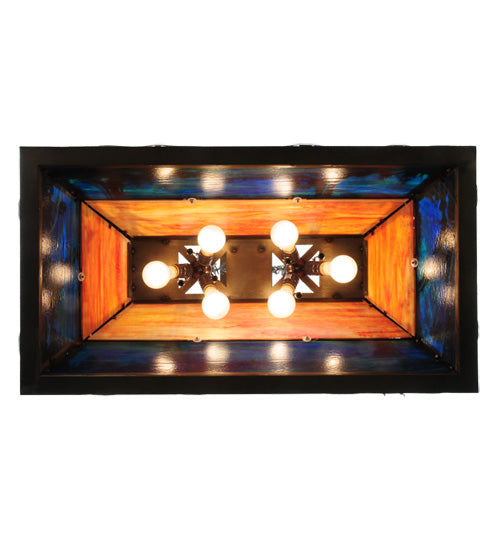 Meyda Lighting Moose Through the Trees 35" 6-Light Antique Copper Island Pendant Light With Amber and Blue Shade Glass
