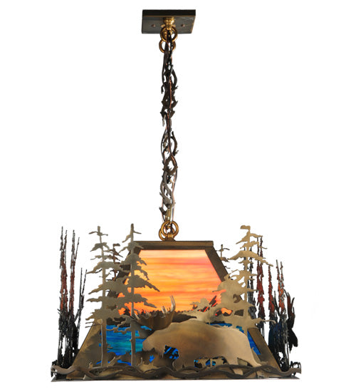 Meyda Lighting Moose Through the Trees 35" 6-Light Antique Copper Island Pendant Light With Amber and Blue Shade Glass