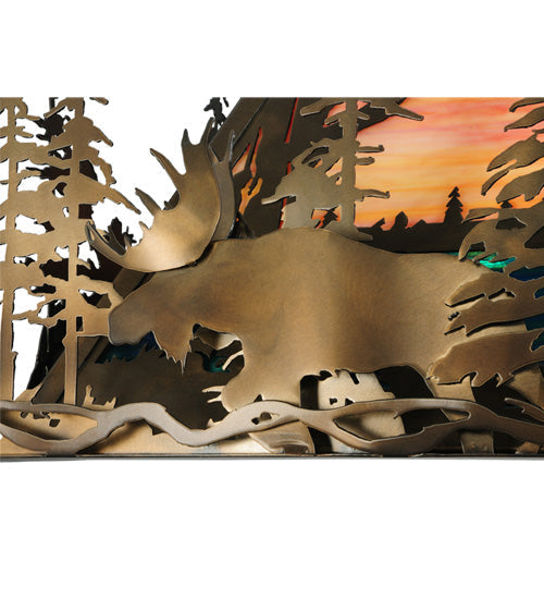 Meyda Lighting Moose Through the Trees 35" 6-Light Antique Copper Island Pendant Light With Amber and Blue Shade Glass