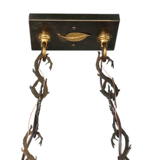 Meyda Lighting Moose Through the Trees 35" 6-Light Antique Copper Island Pendant Light With Amber and Blue Shade Glass