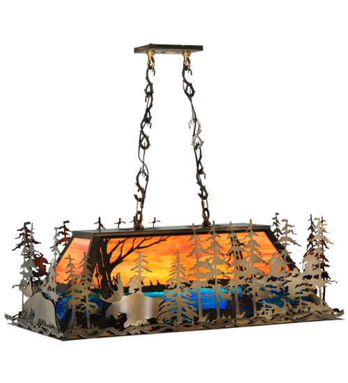 Meyda Lighting Moose Through the Trees 35" 6-Light Antique Copper Island Pendant Light With Amber and Blue Shade Glass