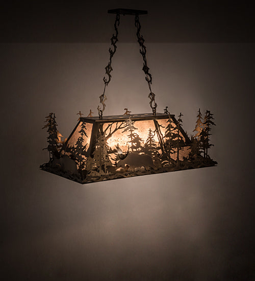 Meyda Lighting Moose Through the Trees 35" 6-Light Antique Copper Island Pendant Light With Silver Mica Shade Glass