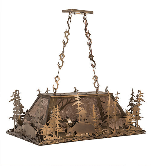 Meyda Lighting Moose Through the Trees 35" 6-Light Antique Copper Island Pendant Light With Silver Mica Shade Glass