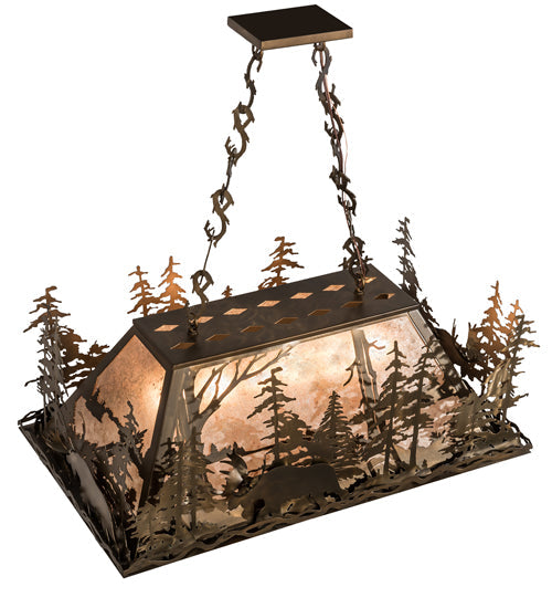 Meyda Lighting Moose Through the Trees 35" 6-Light Antique Copper Island Pendant Light With Silver Mica Shade Glass