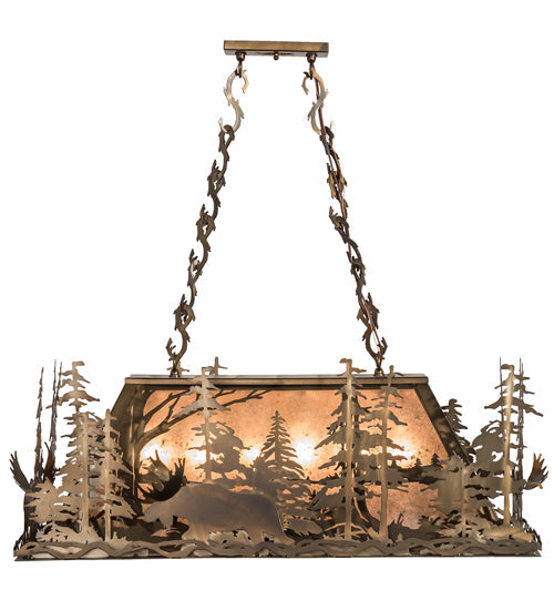 Meyda Lighting Moose Through the Trees 35" 6-Light Antique Copper Island Pendant Light With Silver Mica Shade Glass