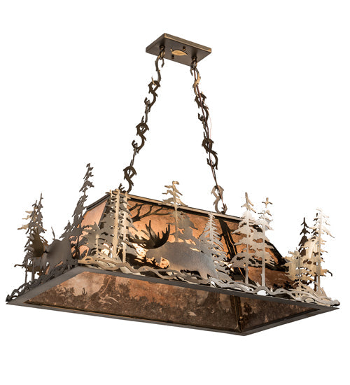 Meyda Lighting Moose Through the Trees 35" 6-Light Antique Copper Island Pendant Light With Silver Mica Shade Glass