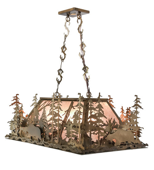 Meyda Lighting Moose Through the Trees 35" 6-Light Antique Copper Island Pendant Light With Silver Mica Shade Glass