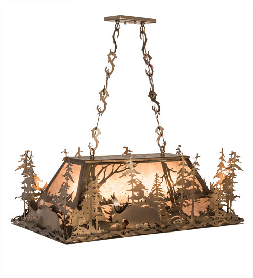 Meyda Lighting Moose Through the Trees 35" 6-Light Antique Copper Island Pendant Light With Silver Mica Shade Glass