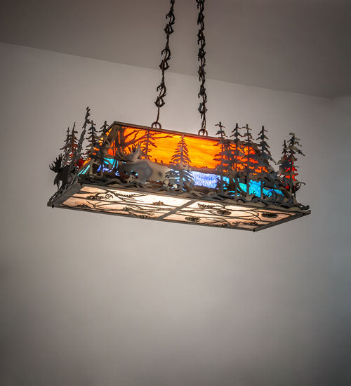 Meyda Lighting Moose Through the Trees 35" 6-Light Dark Burnished Antique Copper Island Pendant Light With Multi-Colored Shade Glass