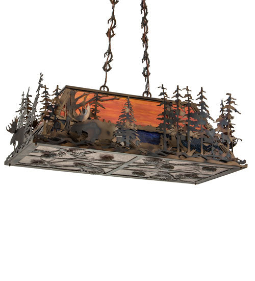 Meyda Lighting Moose Through the Trees 35" 6-Light Dark Burnished Antique Copper Island Pendant Light With Multi-Colored Shade Glass