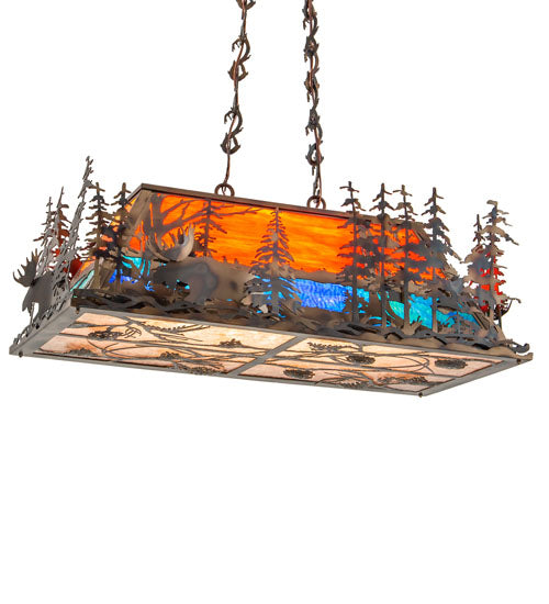 Meyda Lighting Moose Through the Trees 35" 6-Light Dark Burnished Antique Copper Island Pendant Light With Multi-Colored Shade Glass