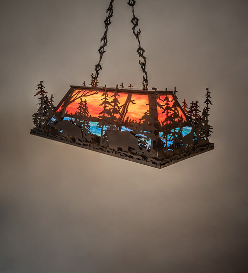 Meyda Lighting Moose Through the Trees 36" 6-Light Dark Burnished Antique Copper Island Pendant Light With Multi-Colored Shade Glass