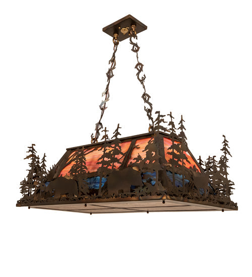 Meyda Lighting Moose Through the Trees 36" 6-Light Dark Burnished Antique Copper Island Pendant Light With Multi-Colored Shade Glass