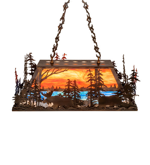 Meyda Lighting Moose Through the Trees 36" 6-Light Dark Burnished Antique Copper Island Pendant Light With Multi-Colored Shade Glass