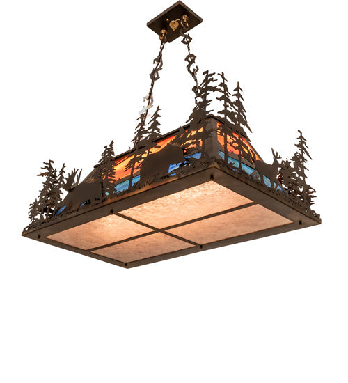 Meyda Lighting Moose Through the Trees 36" 6-Light Dark Burnished Antique Copper Island Pendant Light With Multi-Colored Shade Glass