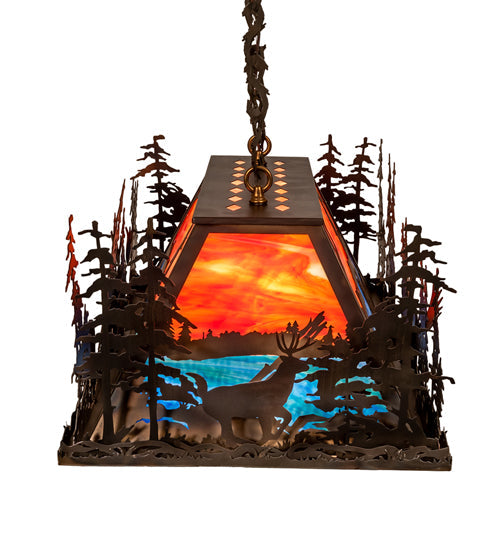 Meyda Lighting Moose Through the Trees 36" 6-Light Dark Burnished Antique Copper Island Pendant Light With Multi-Colored Shade Glass