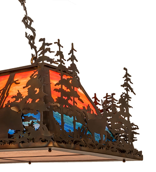Meyda Lighting Moose Through the Trees 36" 6-Light Dark Burnished Antique Copper Island Pendant Light With Multi-Colored Shade Glass