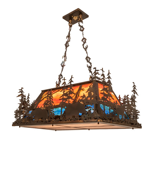 Meyda Lighting Moose Through the Trees 36" 6-Light Dark Burnished Antique Copper Island Pendant Light With Multi-Colored Shade Glass