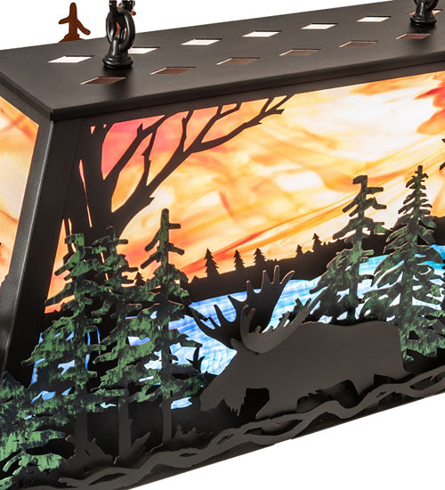 Meyda Lighting Moose Through the Trees 36" 6-Light Textured Black & Green Trees Island Pendant Light With Orange & Blue Shade Glass