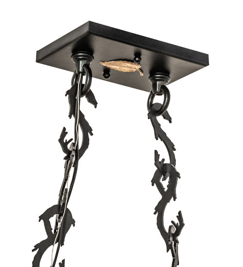 Meyda Lighting Moose Through the Trees 36" 6-Light Textured Black & Green Trees Island Pendant Light With Orange & Blue Shade Glass