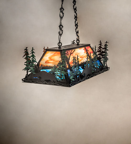 Meyda Lighting Moose Through the Trees 36" 6-Light Textured Black & Green Trees Island Pendant Light With Orange & Blue Shade Glass