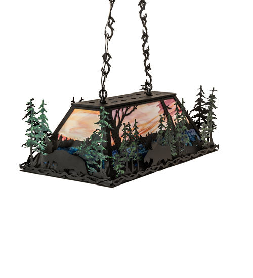 Meyda Lighting Moose Through the Trees 36" 6-Light Textured Black & Green Trees Island Pendant Light With Orange & Blue Shade Glass