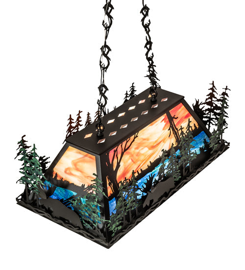 Meyda Lighting Moose Through the Trees 36" 6-Light Textured Black & Green Trees Island Pendant Light With Orange & Blue Shade Glass