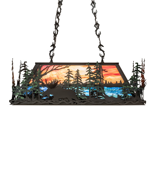 Meyda Lighting Moose Through the Trees 36" 6-Light Textured Black & Green Trees Island Pendant Light With Orange & Blue Shade Glass
