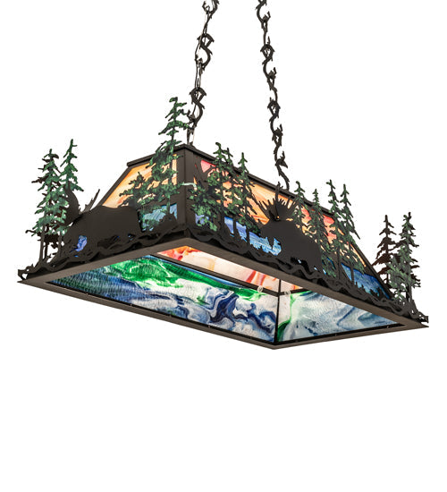 Meyda Lighting Moose Through the Trees 36" 6-Light Textured Black & Green Trees Island Pendant Light With Orange & Blue Shade Glass