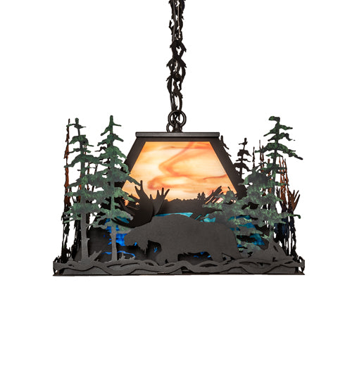 Meyda Lighting Moose Through the Trees 36" 6-Light Textured Black & Green Trees Island Pendant Light With Orange & Blue Shade Glass