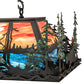 Meyda Lighting Moose Through the Trees 36" 6-Light Textured Black & Green Trees Island Pendant Light With Orange & Blue Shade Glass