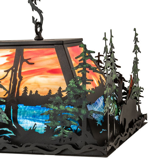 Meyda Lighting Moose Through the Trees 36" 6-Light Textured Black & Green Trees Island Pendant Light With Orange & Blue Shade Glass