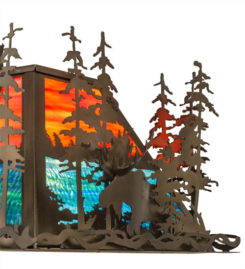 Meyda Lighting Moose Through the Trees 53" 6-Light Antique Copper Island Pendant Light With Orange & Blue Green Art Shade Glass