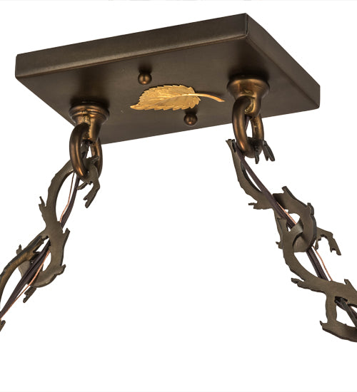 Meyda Lighting Moose Through the Trees 53" 6-Light Antique Copper Island Pendant Light With Orange & Blue Green Art Shade Glass