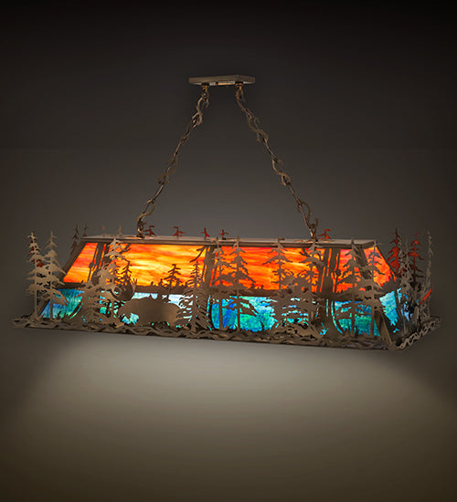 Meyda Lighting Moose Through the Trees 53" 6-Light Antique Copper Island Pendant Light With Orange & Blue Green Art Shade Glass