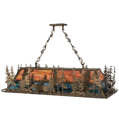 Meyda Lighting Moose Through the Trees 53" 6-Light Antique Copper Island Pendant Light With Orange & Blue Green Art Shade Glass