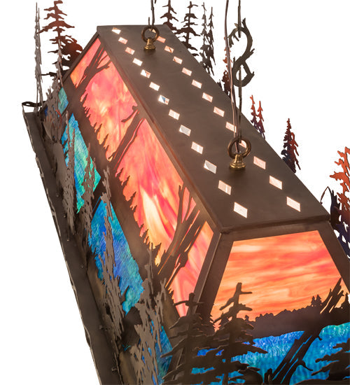 Meyda Lighting Moose Through the Trees 53" 6-Light Antique Copper Island Pendant Light With Orange & Blue Green Art Shade Glass