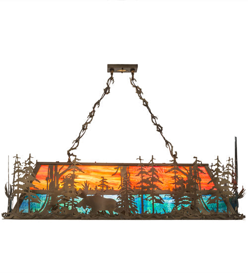 Meyda Lighting Moose Through the Trees 53" 6-Light Antique Copper Island Pendant Light With Orange & Blue Green Art Shade Glass