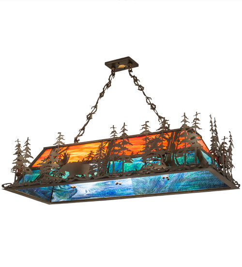 Meyda Lighting Moose Through the Trees 53" 6-Light Antique Copper Island Pendant Light With Orange & Blue Green Art Shade Glass