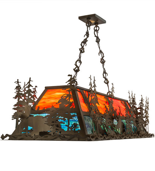 Meyda Lighting Moose Through the Trees 53" 6-Light Antique Copper Island Pendant Light With Orange & Blue Green Art Shade Glass