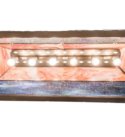 Meyda Lighting Moose Through the Trees 53" 6-Light Antique Copper Island Pendant Light With Orange & Blue Green Art Shade Glass