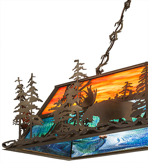 Meyda Lighting Moose Through the Trees 53" 6-Light Antique Copper Island Pendant Light With Orange & Blue Green Art Shade Glass