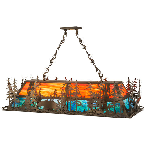Meyda Lighting Moose Through the Trees 53" 6-Light Antique Copper Island Pendant Light With Orange & Blue Green Art Shade Glass