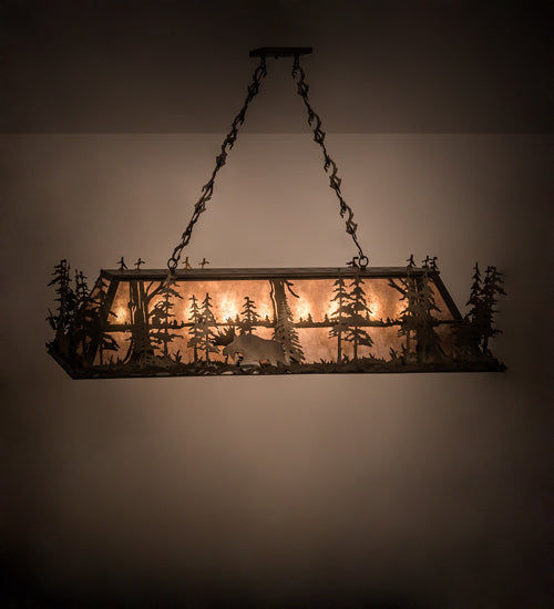 Meyda Lighting Moose Through the Trees 61" 9-Light Antique Copper Island Pendant Light With Silver Mica Shade Glass